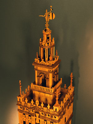 Skechup rendering of upper part of wooden model of the Giralda with Giraldillo on top