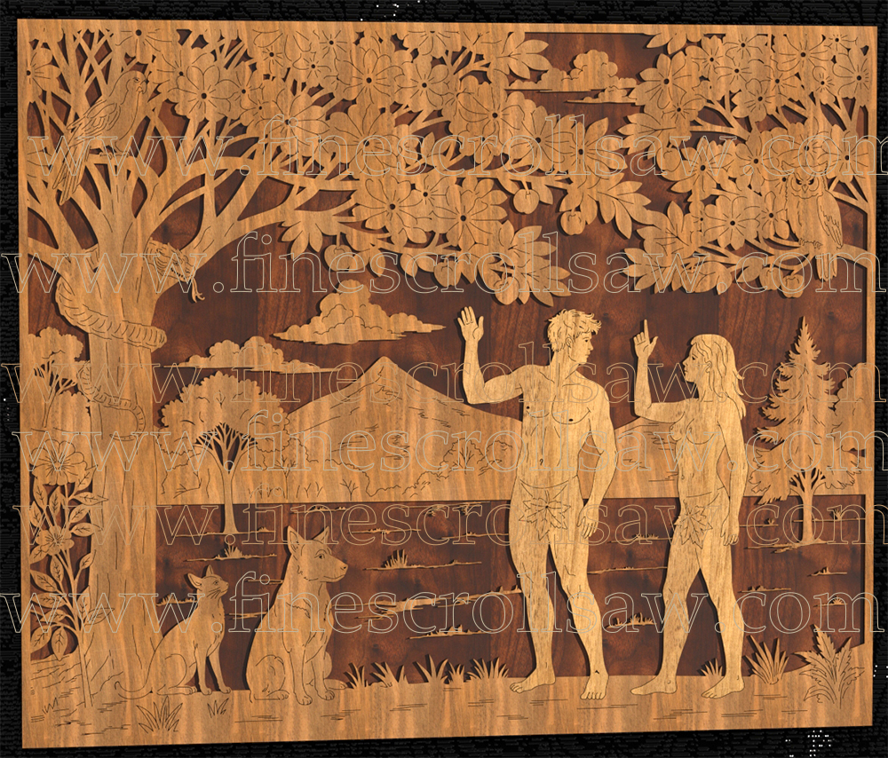 Scroll saw panel depicting Adam and Eve in the Garden of Eden at the moment they are about to take the forbidden fruit