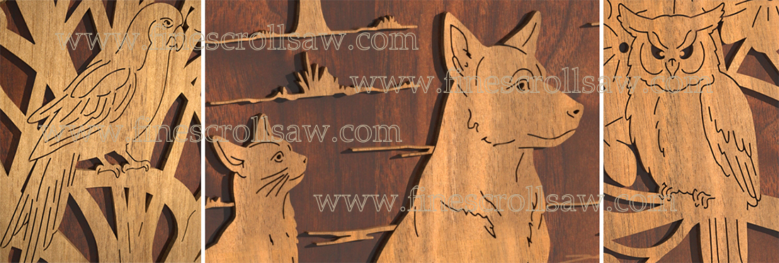 Details of the Adam and Even scroll saw fretwork panel showing a dog, a cat, a parrot and an own