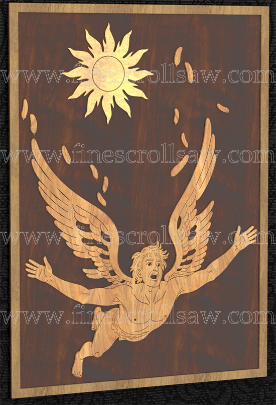 scroll saw panel depicting Icarus falling from the sky