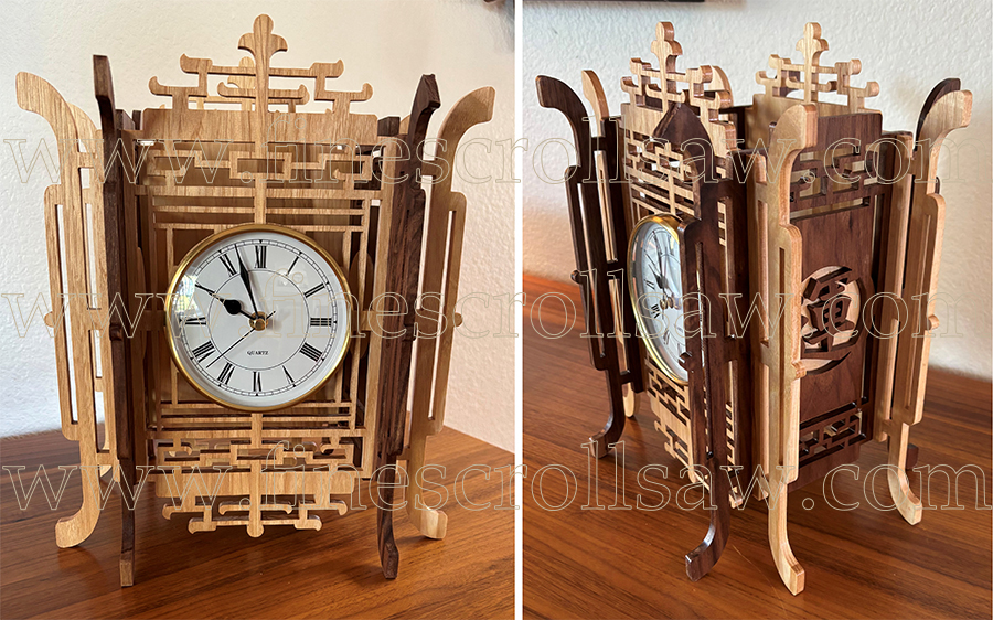 scroll saw model of a Japanese luck clock made with hardwood ash and walnut.