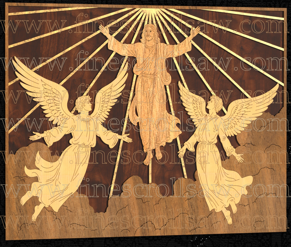 Scroll saw pattern for a panel depicting the Ascension of Jesus rising into heaven flanked by two angels