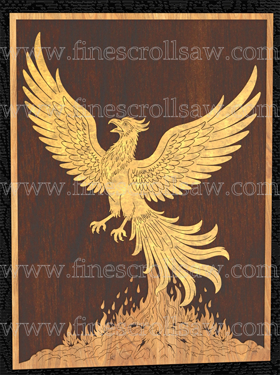 Scroll saw fretwork wooden panel depicting the mytical creature Phoenix bird rising from its ashes