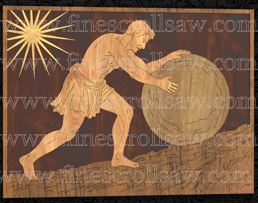 a scroll saw panel depicting Sisyphus pushing up a large boulder in a slope