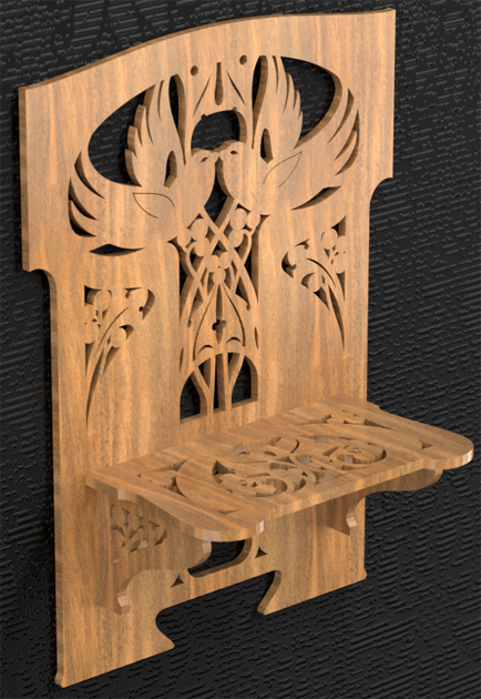 scroll saw model of a wall shelf ornamented with swallows and floral motifs in Art Nouveau style